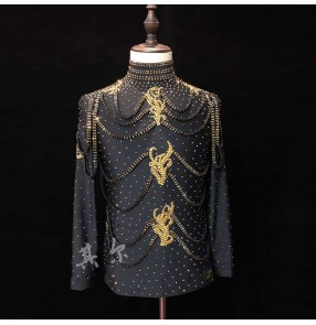 Custom size black with gold stones latin dance shirts for kids boys youth juvenile competition ballroom latin dance tops 